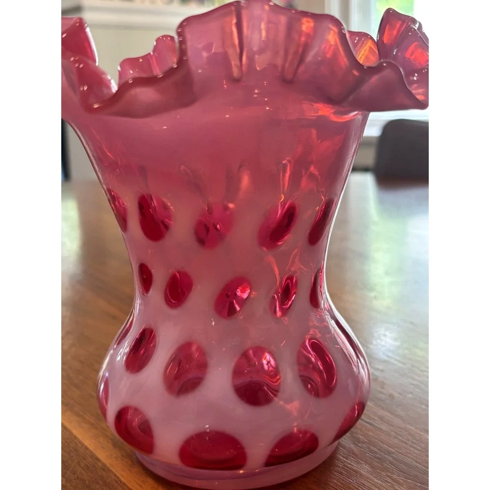 Fenton Cranberry Opalescent Coin Dot Ruffled Vase 6 Inch Pink Art Glass Vintage